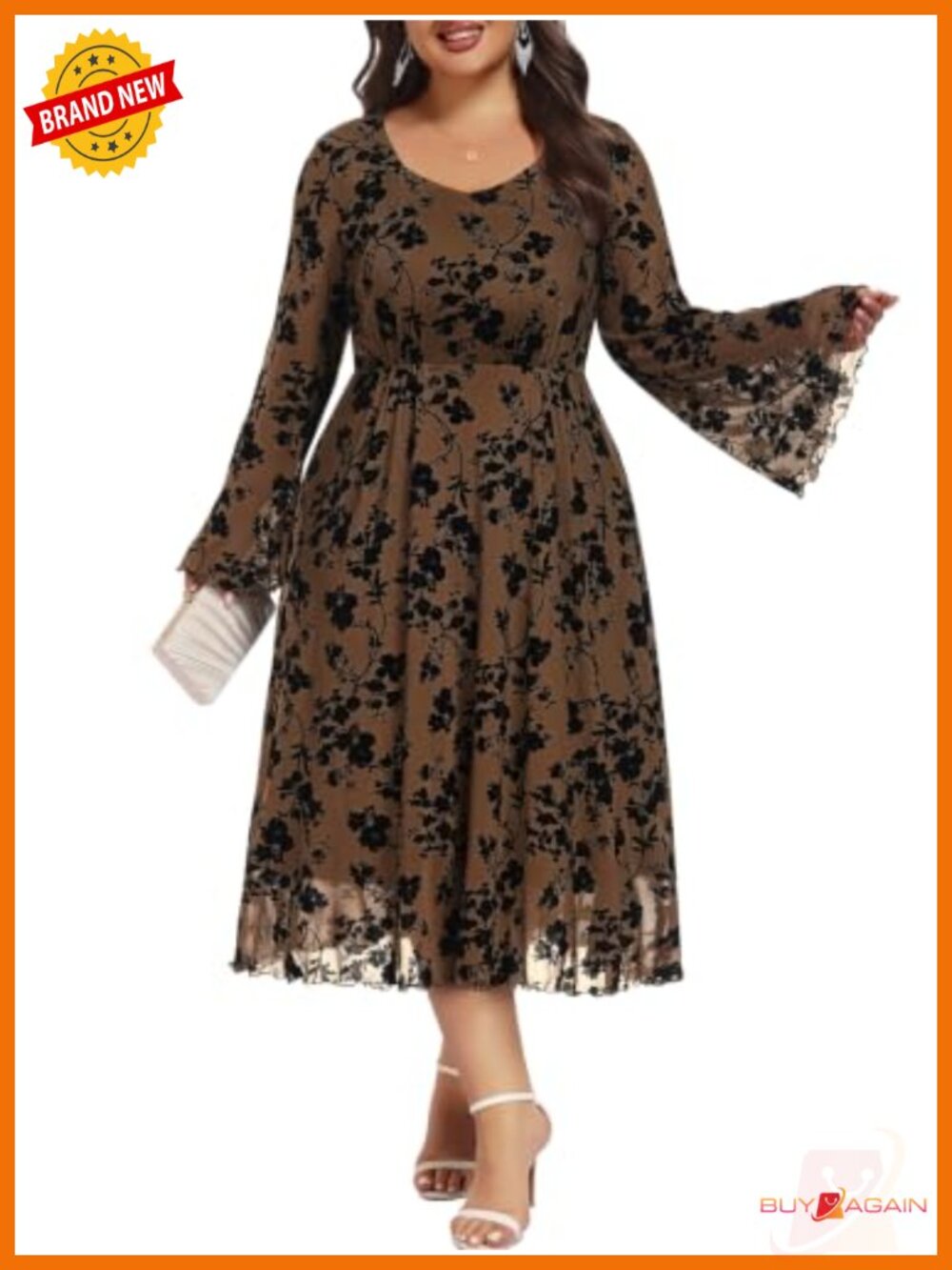 Plus Size Midi Floral Dress Long Sleeve A-Line V-Neck Formal